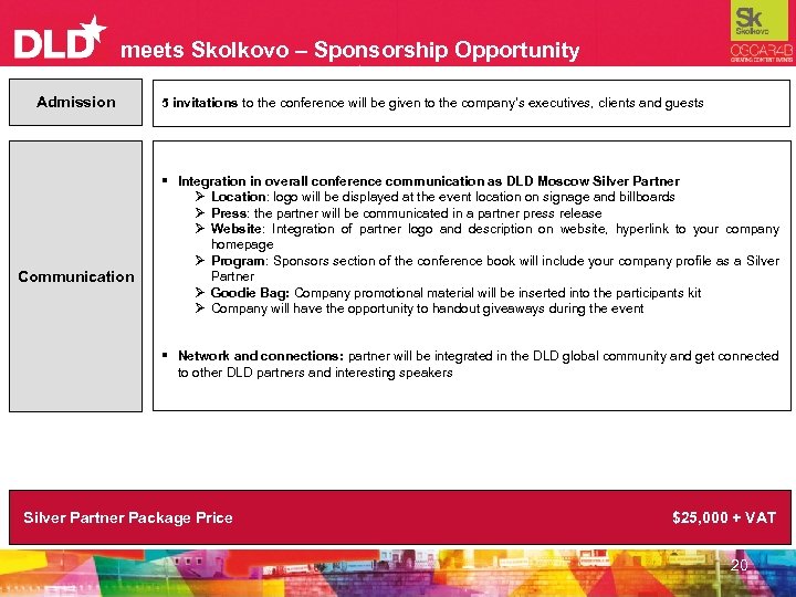 meets Skolkovo – Sponsorship Opportunity Admission Communication 5 invitations to the conference will be