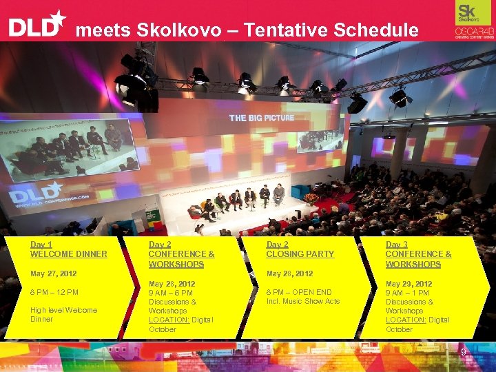 meets Skolkovo – Tentative Schedule Day 1 WELCOME DINNER Day 2 CONFERENCE & WORKSHOPS