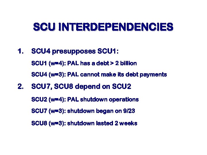 SCU INTERDEPENDENCIES 1. SCU 4 presupposes SCU 1: SCU 1 (w=4): PAL has a