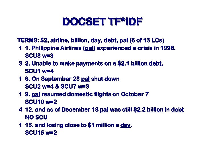 DOCSET TF*IDF TERMS: $2, airline, billion, day, debt, pal (6 of 13 LCs) 1