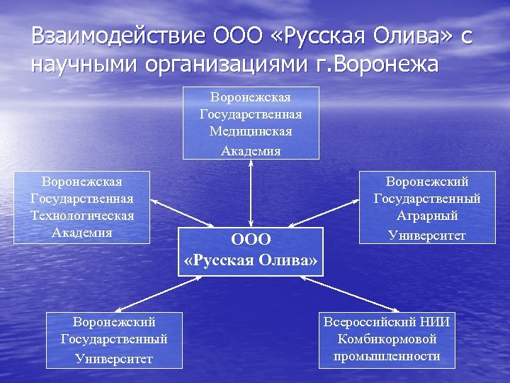 Взаимодействие ООО «Русская Олива» с научными организациями г. Воронежа Воронежская Государственная Медицинская Академия Воронежская