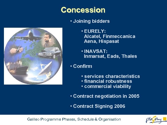 Concession • Joining bidders • EURELY: Alcatel, Finmeccanica Aena, Hispasat • INAVSAT: Inmarsat, Eads,