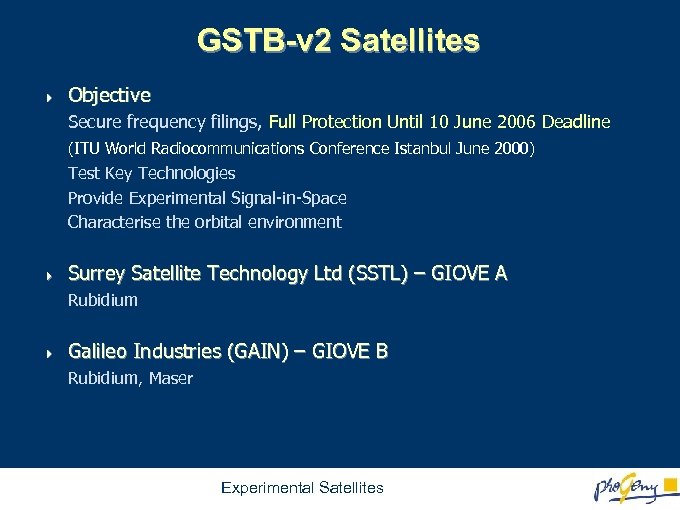 GSTB-v 2 Satellites 4 Objective Secure frequency filings, Full Protection Until 10 June 2006