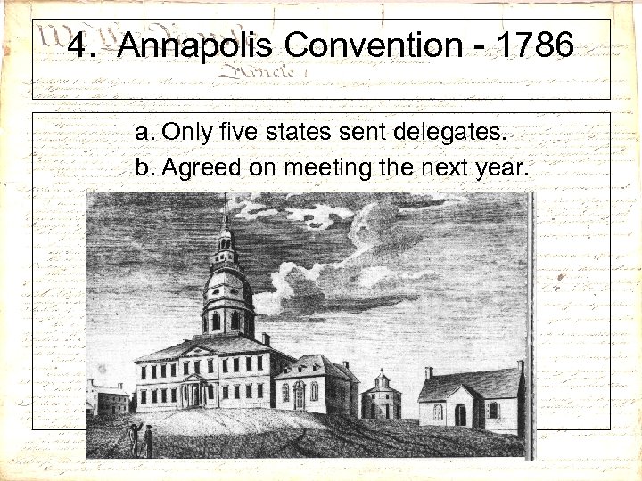 4. Annapolis Convention - 1786 a. Only five states sent delegates. b. Agreed on