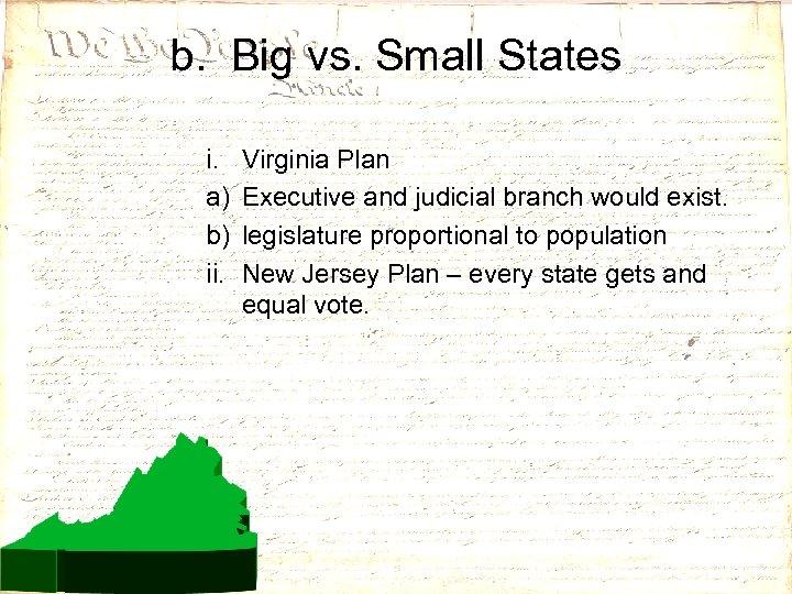 b. Big vs. Small States i. a) b) ii. Virginia Plan Executive and judicial