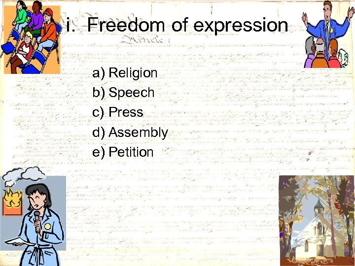 i. Freedom of expression a) Religion b) Speech c) Press d) Assembly e) Petition