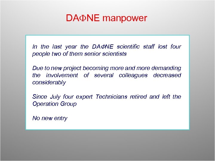 DAFNE manpower In the last year the DAFNE scientific staff lost four people two