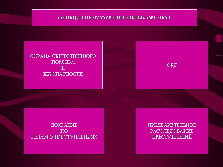 ФУНКЦИИ ПРАВООХРАНИТЕЛЬНЫХ ОРГАНОВ ОХРАНА ОБЩЕСТВЕННОГО ПОРЯДКА И БЕЗОПАСНОСТИ ОРД ДОЗНАНИЕ ПО ДЕЛАМ О ПРЕСТУПЛЕНИЯХ
