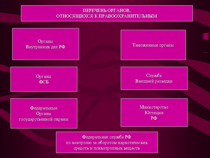 ПЕРЕЧЕНЬ ОРГАНОВ, ОТНОСЯЩИХСЯ К ПРАВООХРАНИТЕЛЬНЫМ Органы Внутренних дел РФ Таможенные органы Органы ФСБ Служба