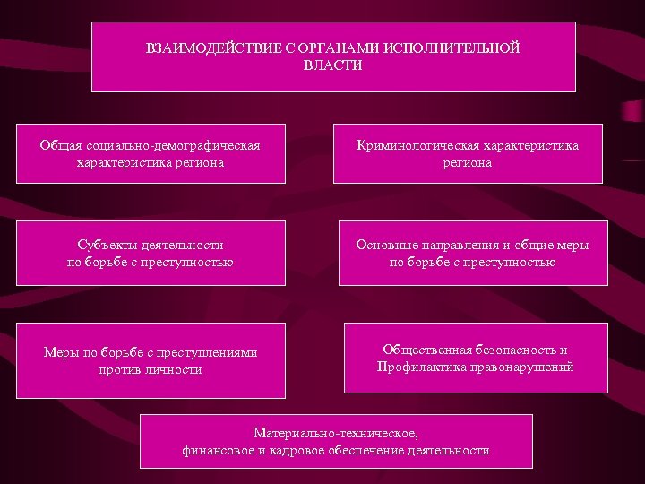 ВЗАИМОДЕЙСТВИЕ С ОРГАНАМИ ИСПОЛНИТЕЛЬНОЙ ВЛАСТИ Общая социально-демографическая характеристика региона Криминологическая характеристика региона Субъекты деятельности