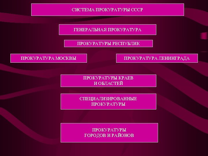 СИСТЕМА ПРОКУРАТУРЫ СССР ГЕНЕРАЛЬНАЯ ПРОКУРАТУРА ПРОКУРАТУРЫ РЕСПУБЛИК ПРОКУРАТУРА МОСКВЫ ПРОКУРАТУРА ЛЕНИНГРАДА ПРОКУРАТУРЫ КРАЕВ И
