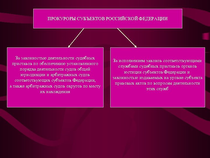 ПРОКУРОРЫ СУБЪЕКТОВ РОССИЙСКОЙ ФЕДЕРАЦИИ За законностью деятельности судебных приставов по обеспечению установленного порядка деятельности