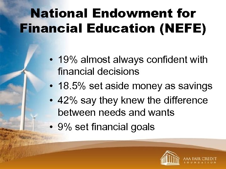 National Endowment for Financial Education (NEFE) • 19% almost always confident with financial decisions