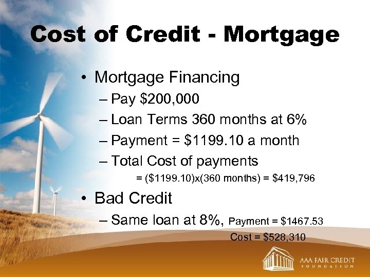 Cost of Credit - Mortgage • Mortgage Financing – Pay $200, 000 – Loan