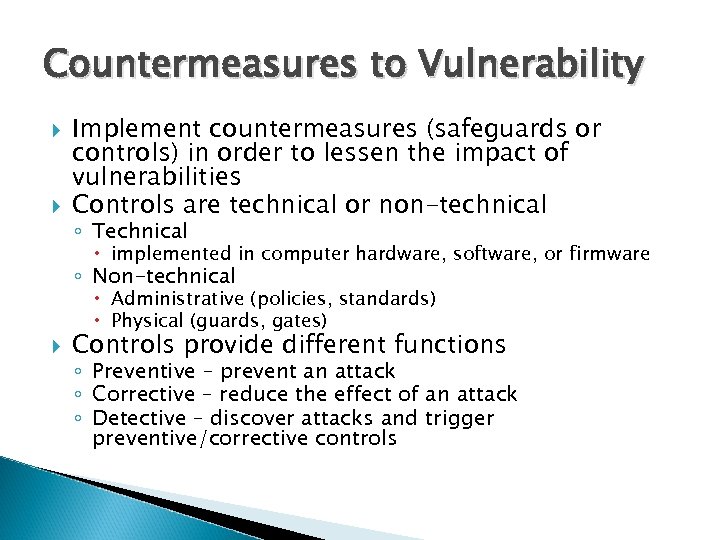 Countermeasures to Vulnerability Implement countermeasures (safeguards or controls) in order to lessen the impact