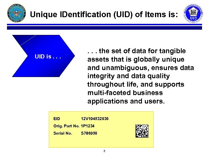 Unique IDentification (UID) of Items is: UID is. . . EID . . .