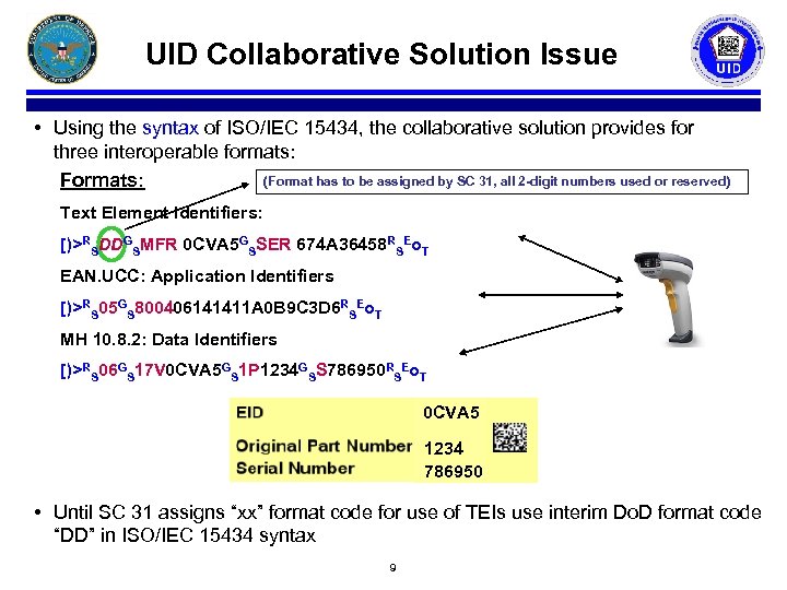 UID Collaborative Solution Issue • Using the syntax of ISO/IEC 15434, the collaborative solution