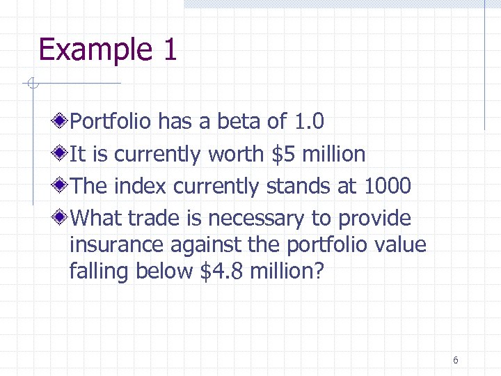 Example 1 Portfolio has a beta of 1. 0 It is currently worth $5