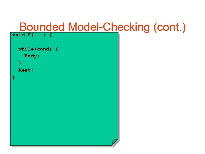 Bounded Model-Checking (cont. ) void f(. . . ) {. . . while(cond) {