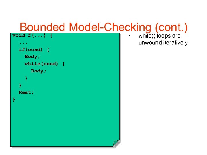 Bounded Model-Checking (cont. ) void f(. . . ) { • . . .