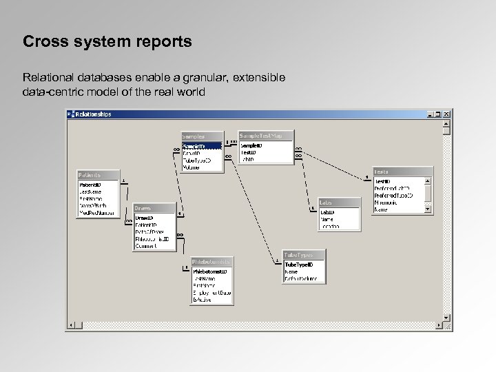 Cross system reports Relational databases enable a granular, extensible data-centric model of the real