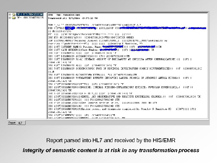 Report parsed into HL 7 and received by the HIS/EMR Integrity of semantic content