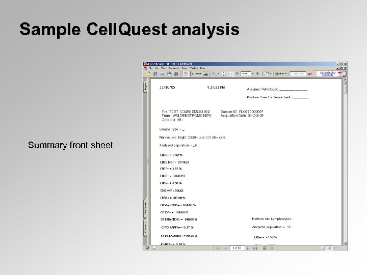 Sample Cell. Quest analysis Summary front sheet 