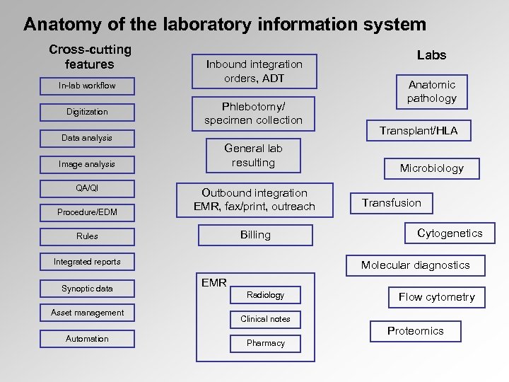 Anatomy of the laboratory information system Cross-cutting features In-lab workflow Digitization Data analysis Image