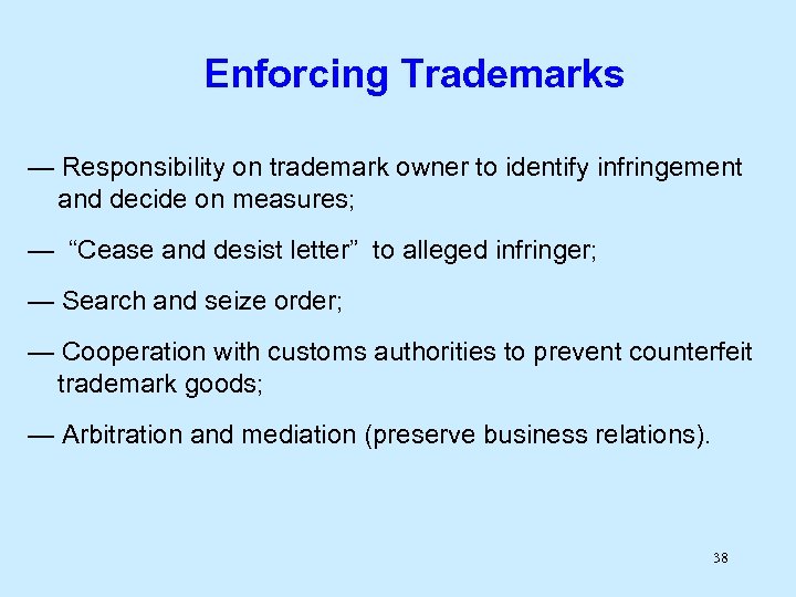 Enforcing Trademarks — Responsibility on trademark owner to identify infringement and decide on measures;