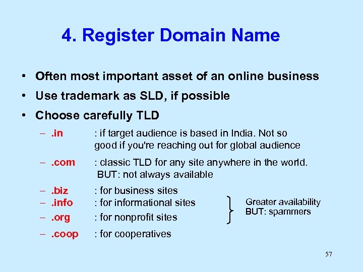 4. Register Domain Name • Often most important asset of an online business •