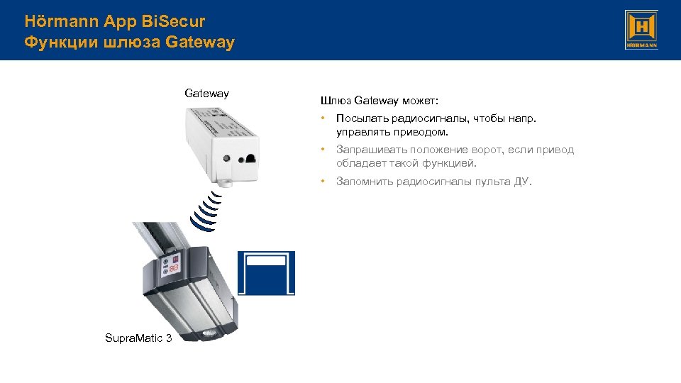 Hörmann App Bi. Secur Функции шлюза Gateway Шлюз Gateway может: • • Запрашивать положение