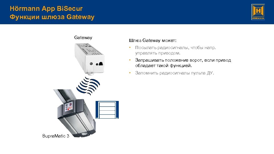 Hörmann App Bi. Secur Функции шлюза Gateway Шлюз Gateway может: • • Запрашивать положение