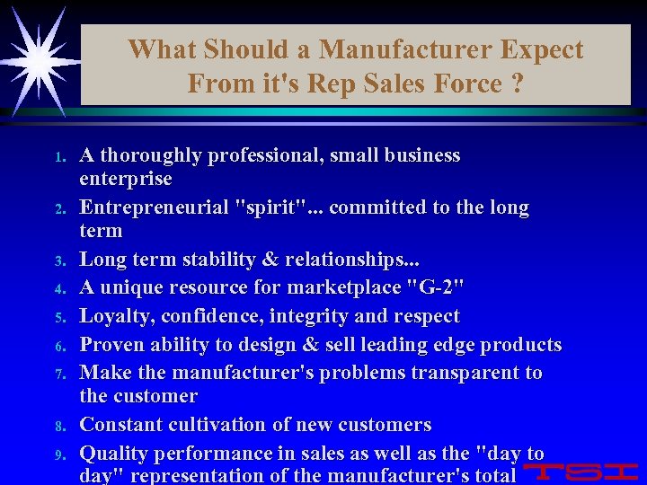 What Should a Manufacturer Expect From it's Rep Sales Force ? 1. 2. 3.