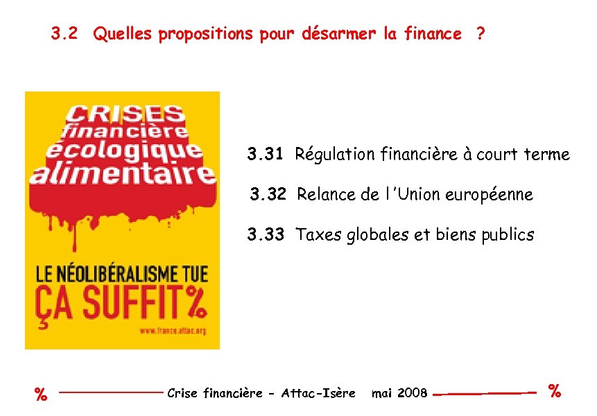 3. 2 Quelles propositions pour désarmer la finance ? 3. 31 Régulation financière à