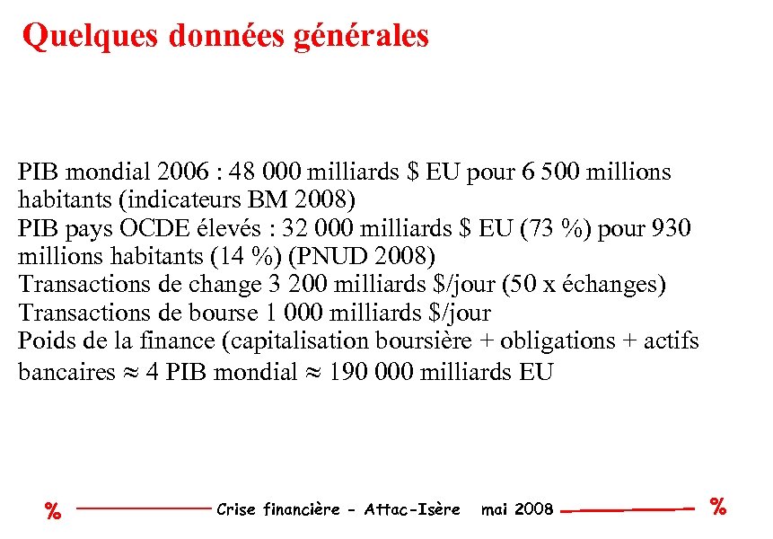 Quelques données générales PIB mondial 2006 : 48 000 milliards $ EU pour 6