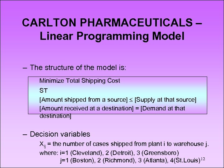 CARLTON PHARMACEUTICALS – Linear Programming Model – The structure of the model is: Minimize