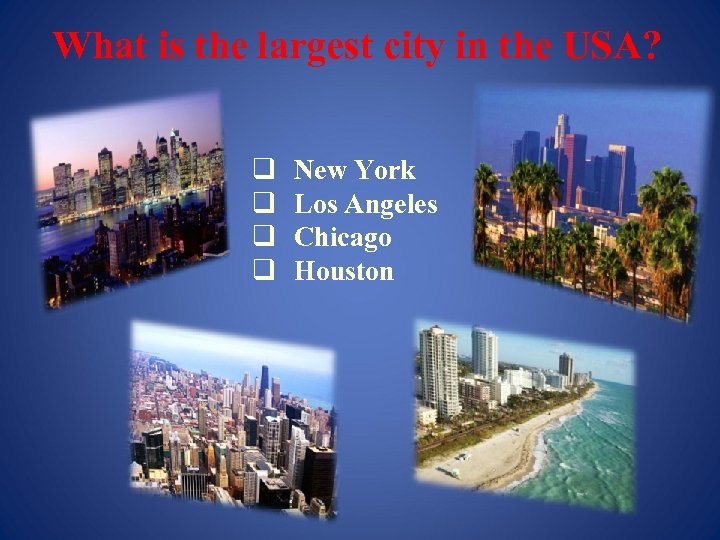 What is the largest city in the USA? q q New York Los Angeles