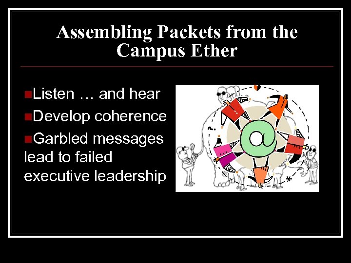 Assembling Packets from the Campus Ether n. Listen … and hear n. Develop coherence