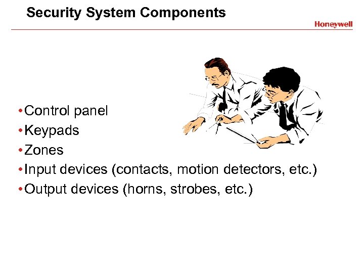 Security System Components • Control panel • Keypads • Zones • Input devices (contacts,