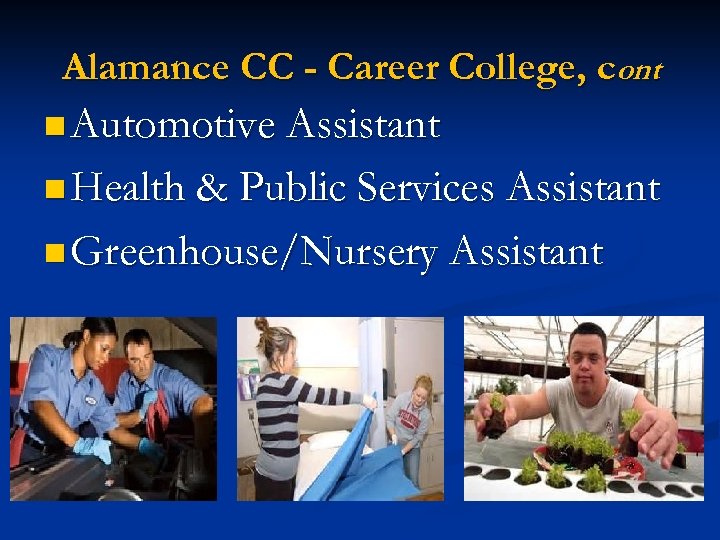 Alamance CC - Career College, cont. n Automotive Assistant n Health & Public Services