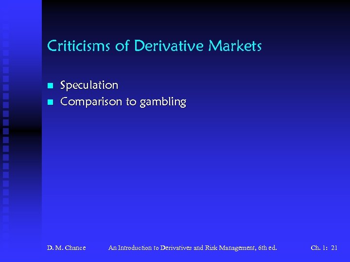 Criticisms of Derivative Markets n n Speculation Comparison to gambling D. M. Chance An