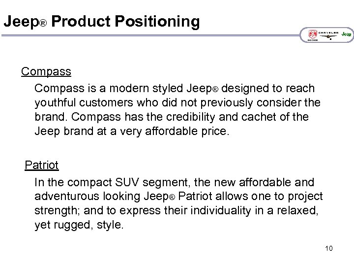 Jeep® Product Positioning Compass is a modern styled Jeep® designed to reach youthful customers