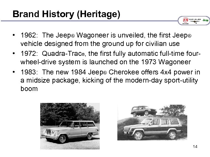 Brand History (Heritage) • 1962: The Jeep® Wagoneer is unveiled, the first Jeep® vehicle