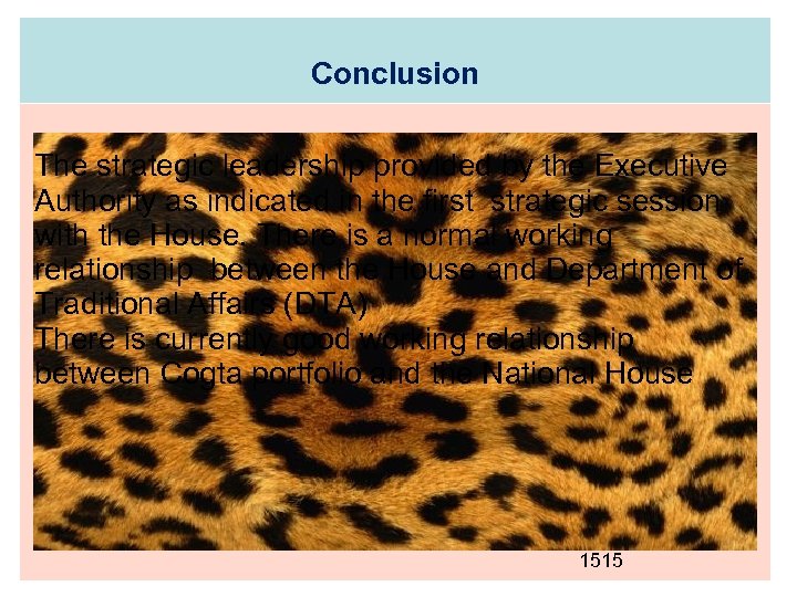 Conclusion The strategic leadership provided by the Executive Authority as indicated in the first