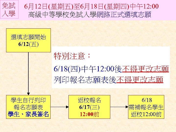 免試 入學 6月12日(星期五)至 6月18日(星期四)中午12: 00 高級中等學校免試入學網路正式選填志願開始 6/12(五) 特別注意： 6/18(四)中午12: 00後不得更改志願 列印報名志願表後不得更改志願 學生自行列印 報名志願表 學生、家長簽名