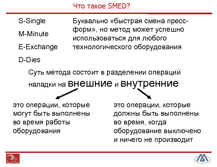 Что такое SMED? S-Single M-Minute E-Exchange Буквально «быстрая смена прессформ» , но метод может