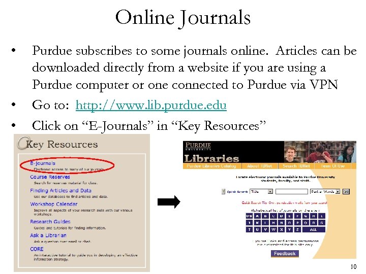 Online Journals • • • Purdue subscribes to some journals online. Articles can be