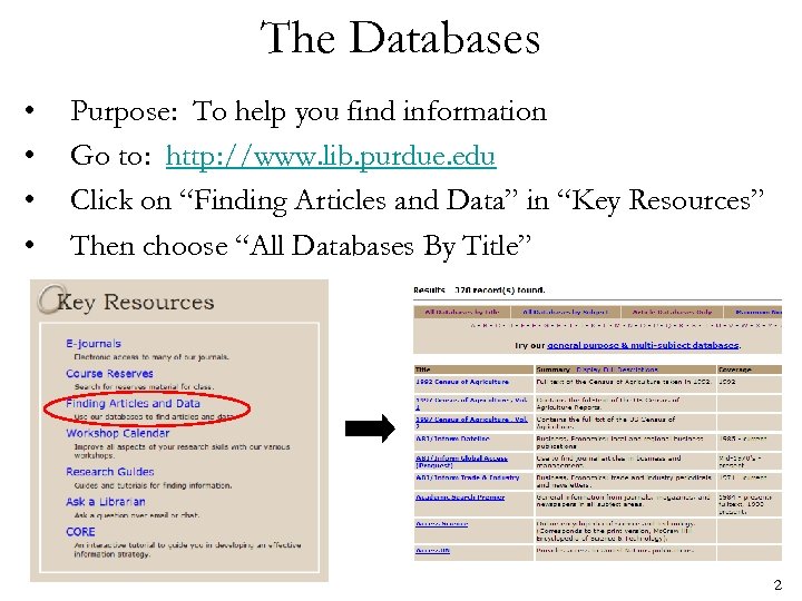 The Databases • • Purpose: To help you find information Go to: http: //www.