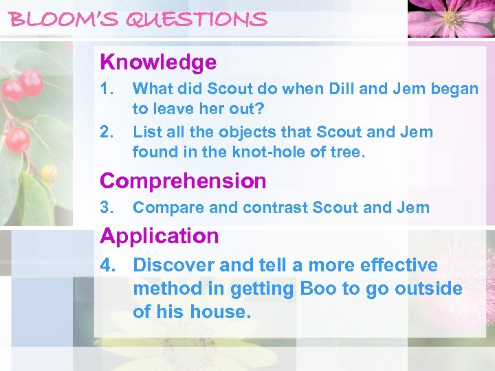 BLOOM’S QUESTIONS Knowledge 1. 2. What did Scout do when Dill and Jem began