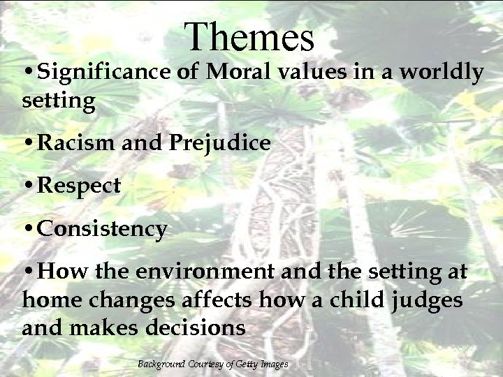 Themes • Significance of Moral values in a worldly setting • Racism and Prejudice